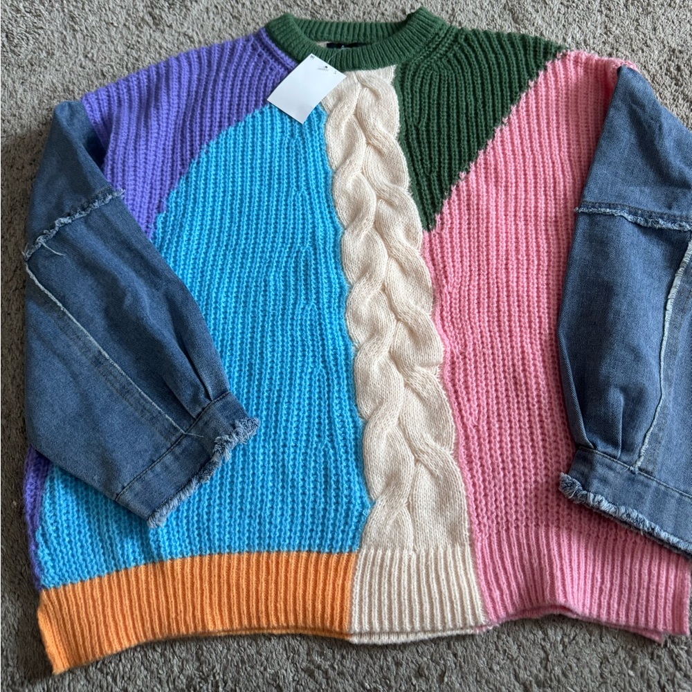 Ladies Color Block Sweater w/ denim sleeves